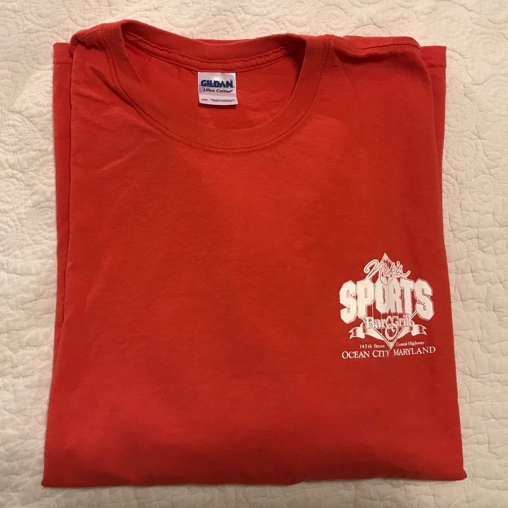 Coral colored unisex Nicks Sports Bar, Ocean City, MD short-sleeved t-shirt (2X)